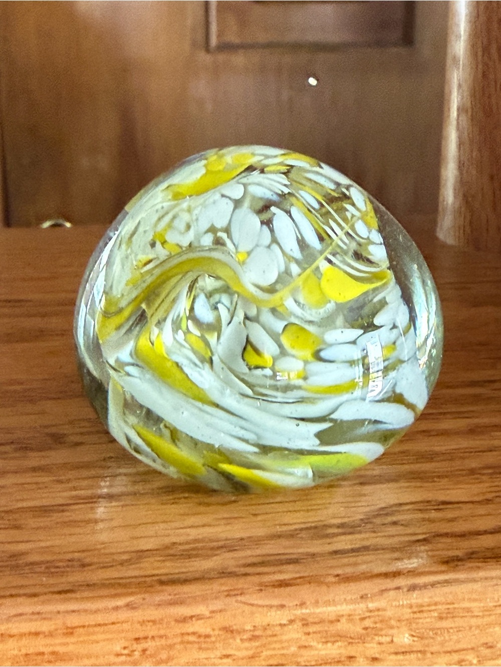 MCM Swirled Yellow & White Art Glass Paperweight